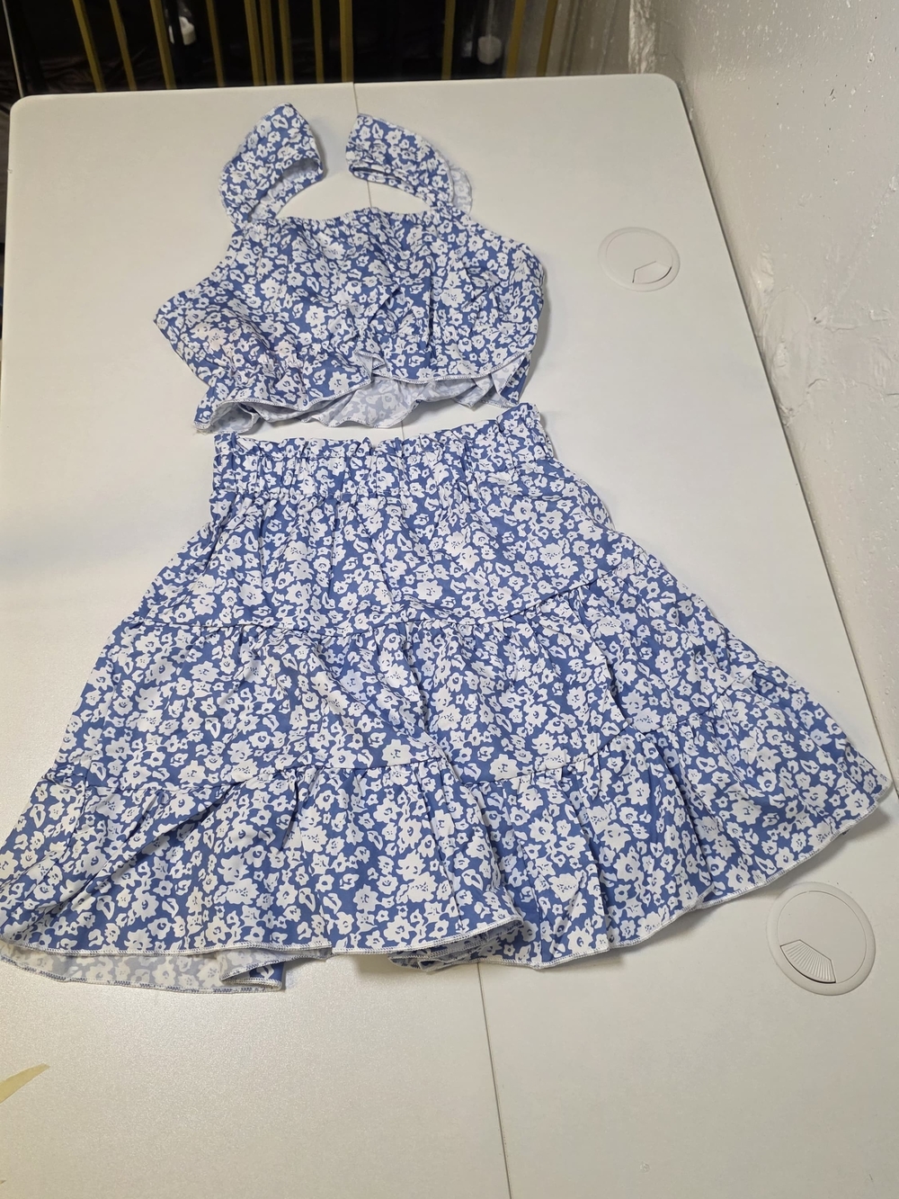Blue Floral Two-Piece Crop Top & Skirt Set